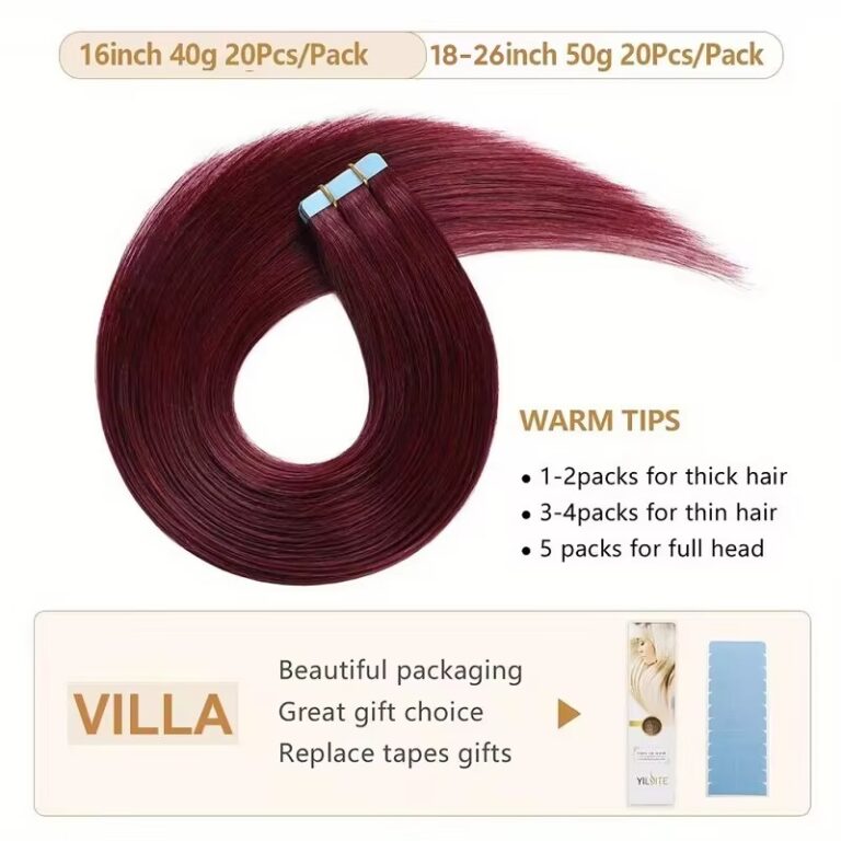 99J# Burgundy 20pcs Tape-In Straight Remy Human Hair Extensions