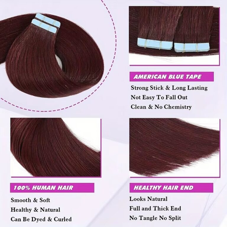 99J# Burgundy 20pcs Tape-In Straight Remy Human Hair Extensions