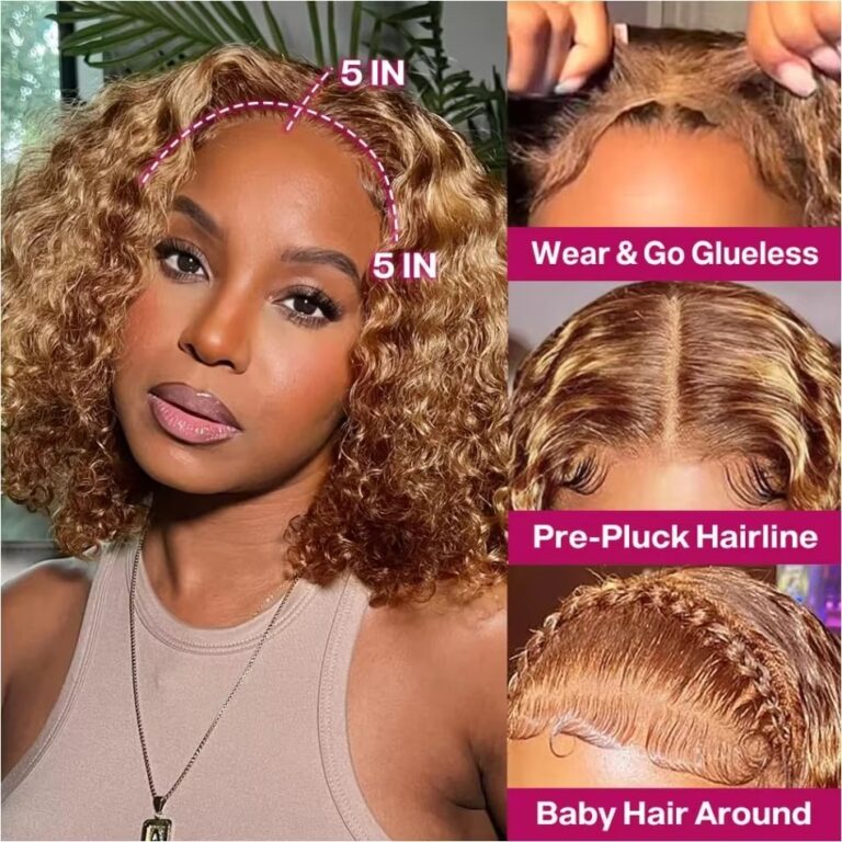 Glueless Curly Short Bob Wig 4-27 Honey Blonde Human Hair