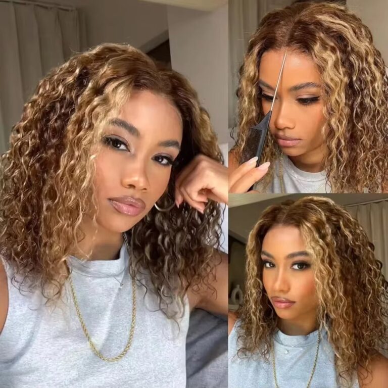 Glueless Curly Short Bob Wig 4-27 Honey Blonde Human Hair
