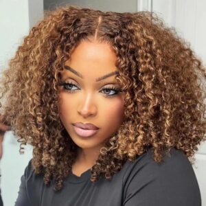 Glueless Curly Short Bob Wig 4-27 Honey Blonde Human Hair