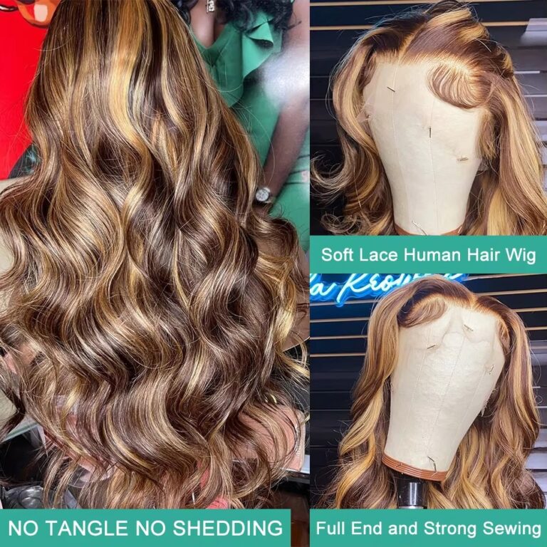 P4/27 Highlight Lace Frontal Wig Human Hair – Honey Blonde Brown Body Wave Wig