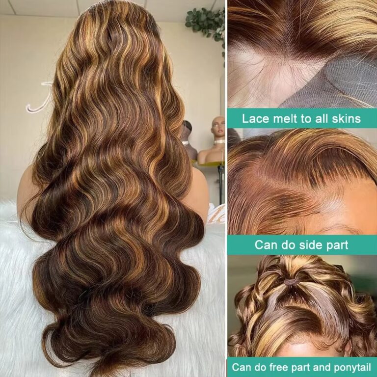 P4/27 Highlight Lace Frontal Wig Human Hair – Honey Blonde Brown Body Wave Wig
