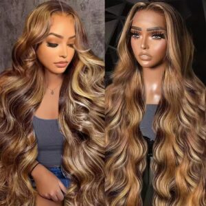 P4/27 Highlight Lace Frontal Wig Human Hair – Honey Blonde Brown Body Wave Wig